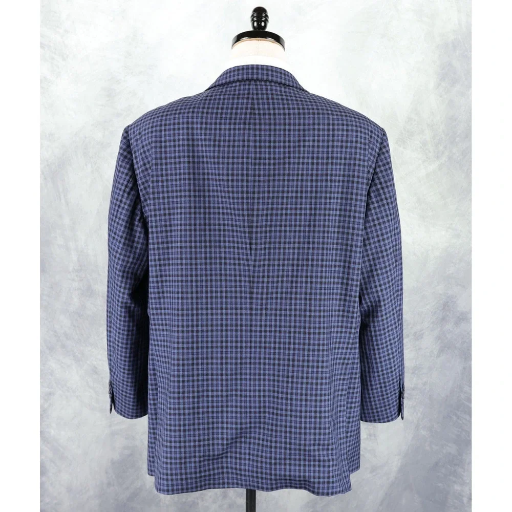 Samuelsohn Sport Coat Mens 48R Super 120s Wool Gingham Plaid Blue Blazer Jacket